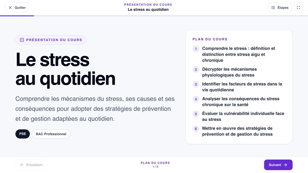 Mode présentation d’un cours Scolya affichant son titre et le plan des étapes