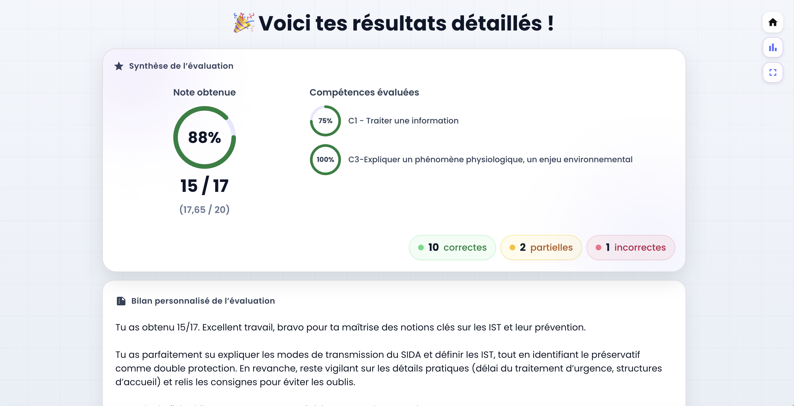 Capture d’écran du bilan détaillé d’un élève en fin d’évaluation