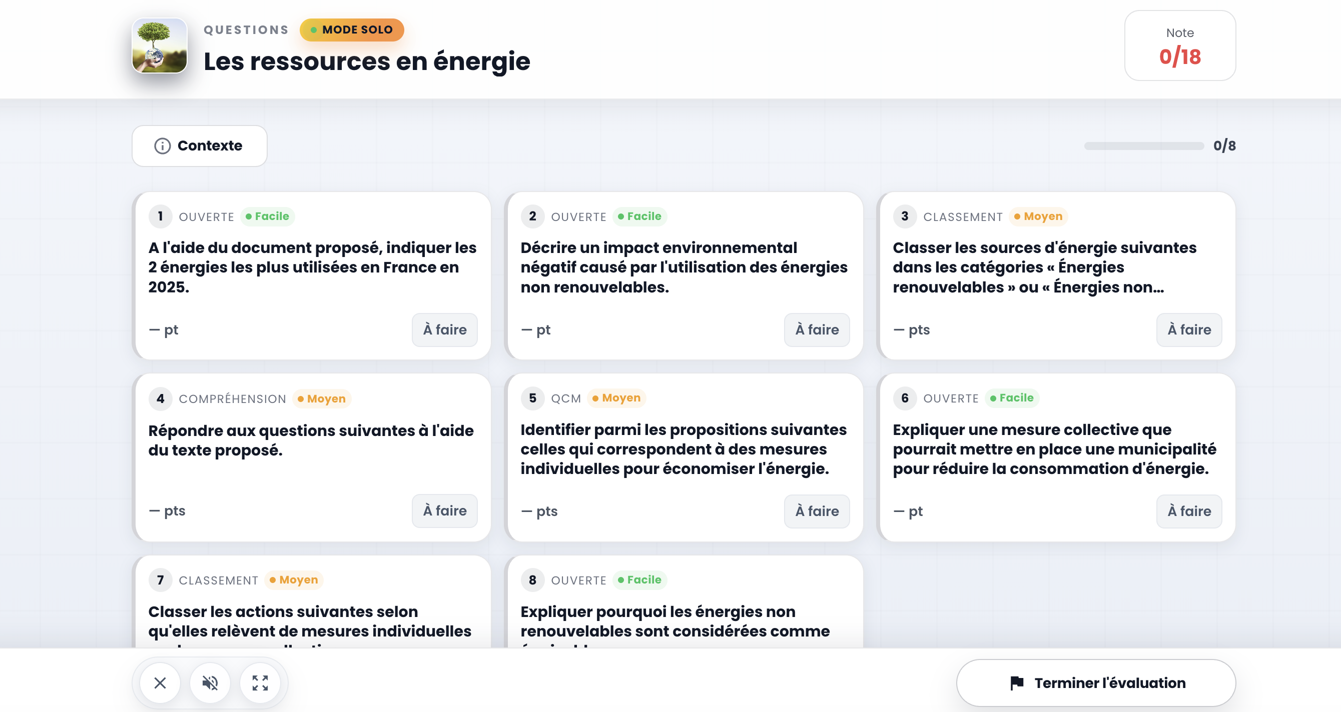 Capture d’écran du hub d’évaluation côté élève