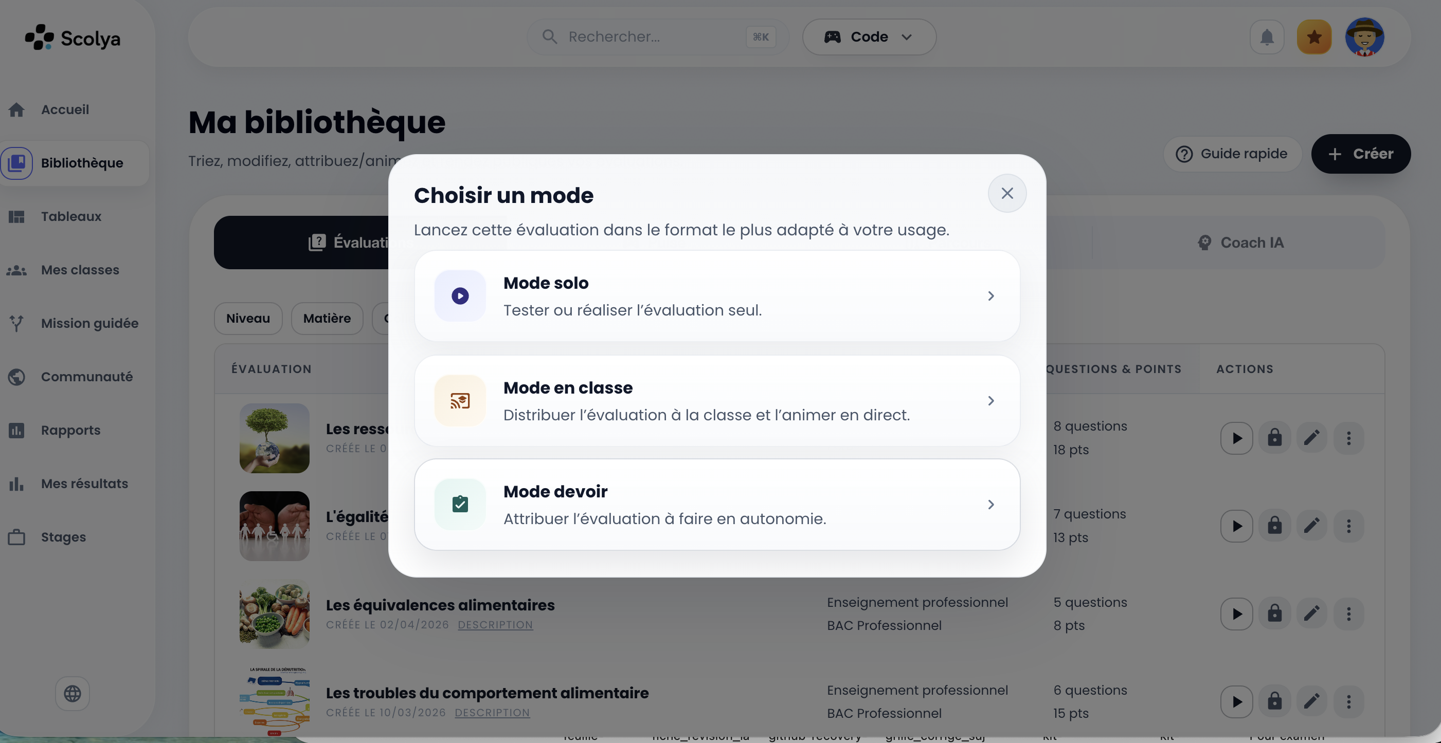 Capture d’écran du choix du mode d’évaluation