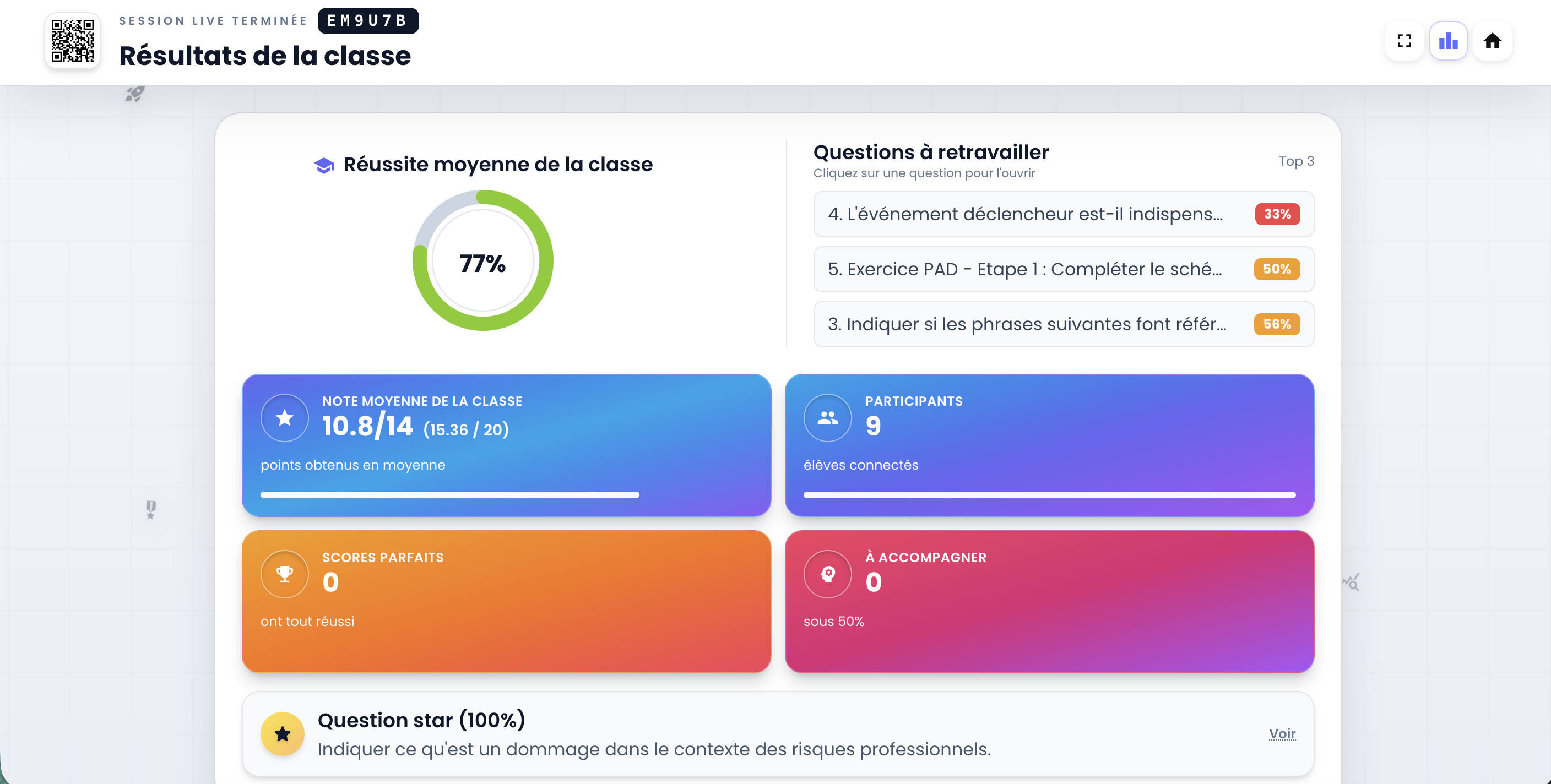 Capture d’écran du bilan professeur en fin d’évaluation