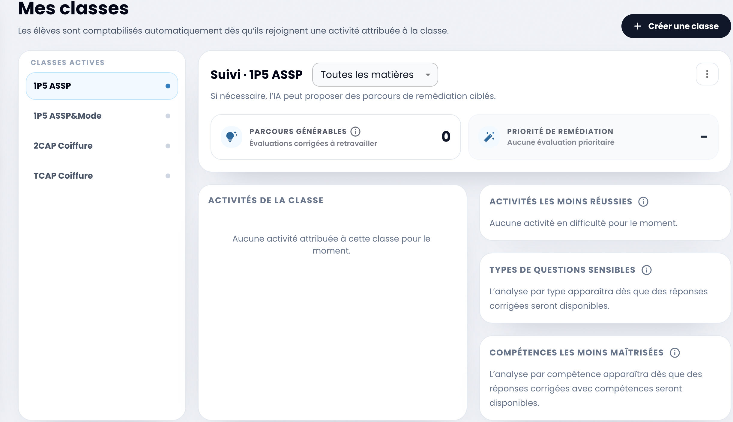 Capture d’écran du suivi des classes avec priorités de remédiation