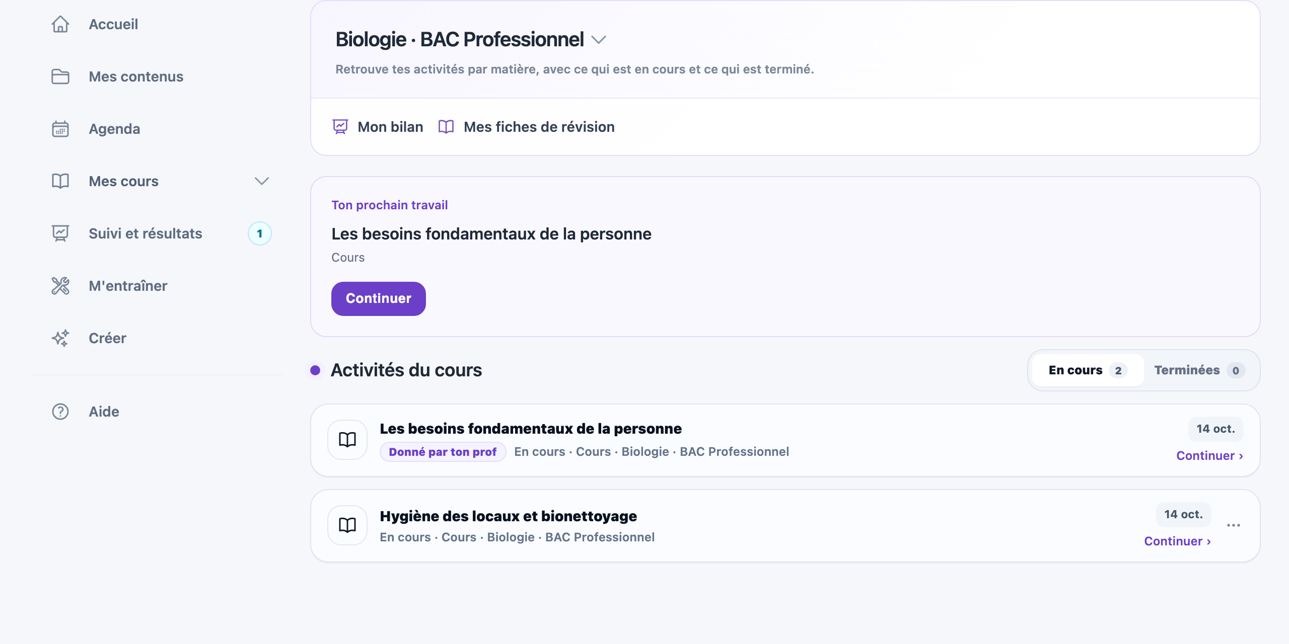 Page matière élève : prochain travail, activités et bilan
